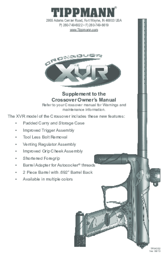 View And Download Tippmann Crossover Xvr Supplement English Paintball Manuals